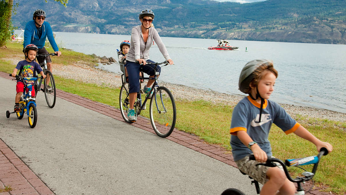 Family Biking By Lake Medium