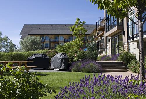 Outdoor courtyard with barbecues and guest balconies at Summerland Waterfront Resort & Spa