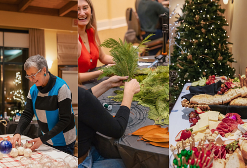 Guests making Christmas baubles and evergreen wreaths at a holiday crafting workshop at Summerland Waterfront Resort & Spa